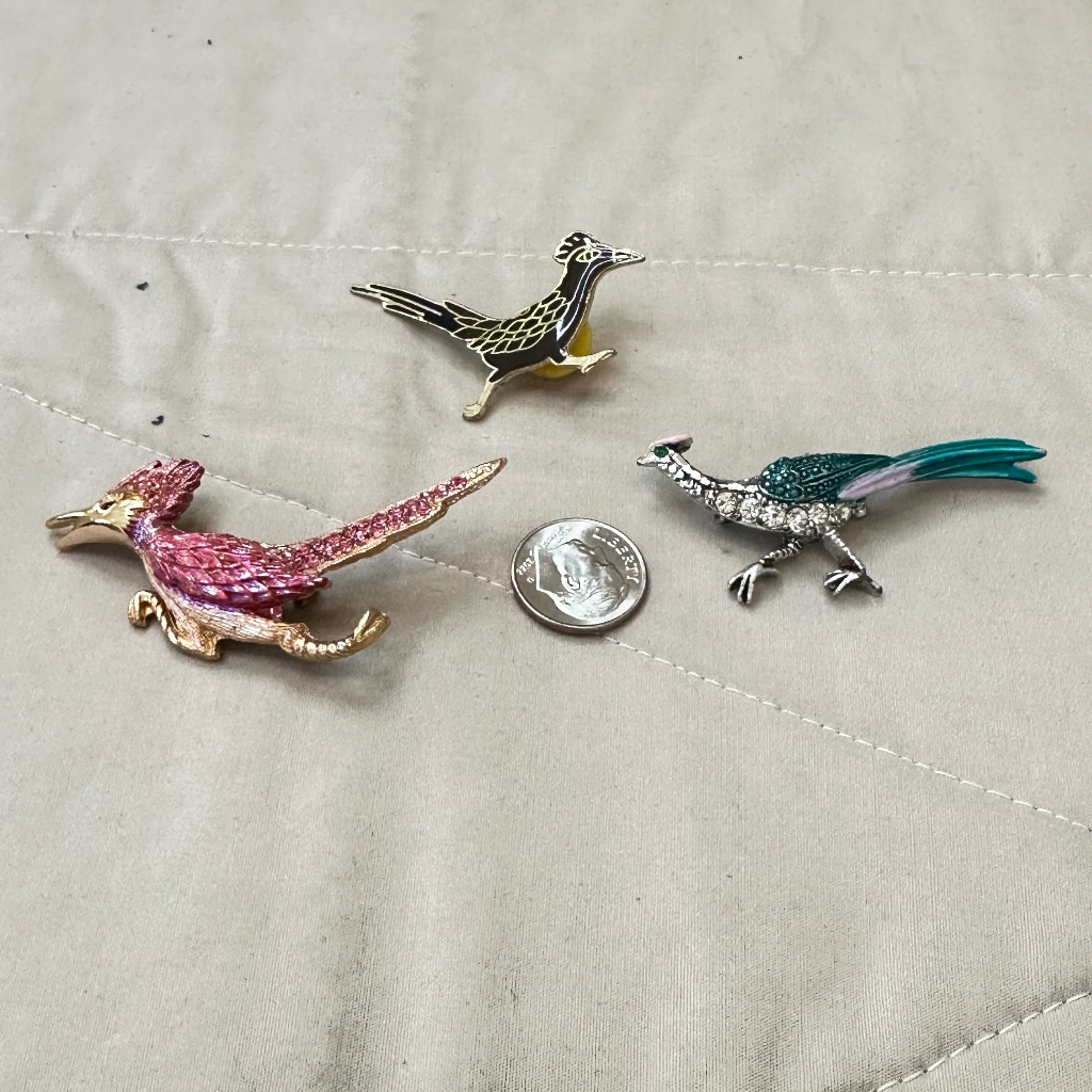 3 Roadrunner Brooches. 2 Gold & 1silver. Estate Jewelry. Vintage.